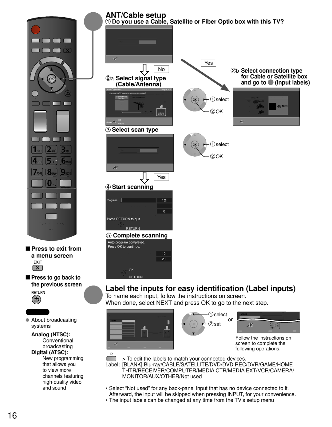 Panasonic TC-P65GT30, TC-P60GT30 ANT/Cable setup, Label the inputs for easy identification Label inputs, Select scan type 