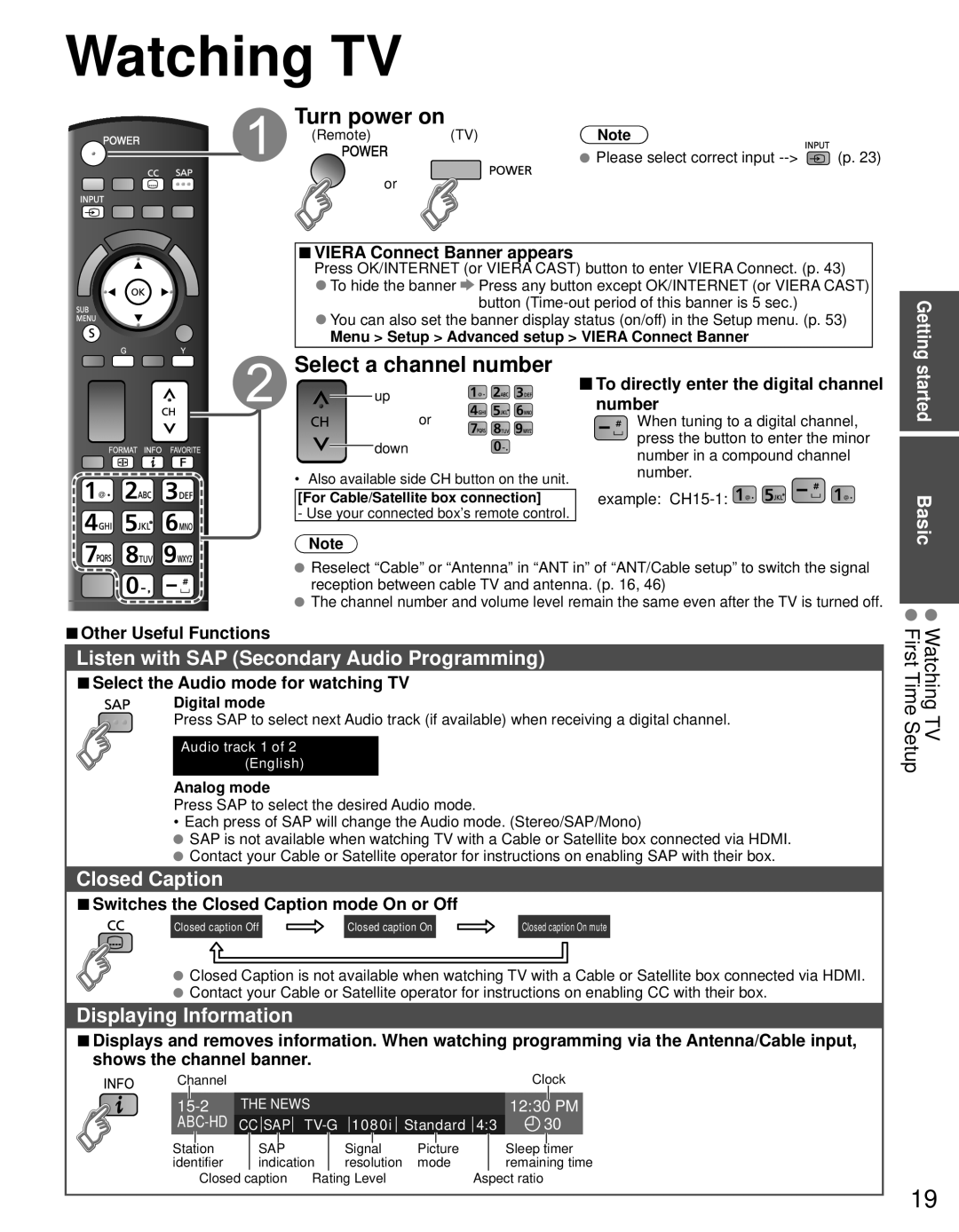 Panasonic TC-P60GT30, TC-P65GT30 owner manual Watching TV, Turn power on, Select a channel number 