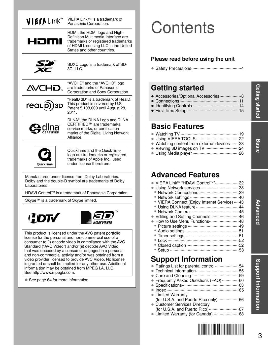 Panasonic TC-P60GT30, TC-P65GT30 owner manual Contents 