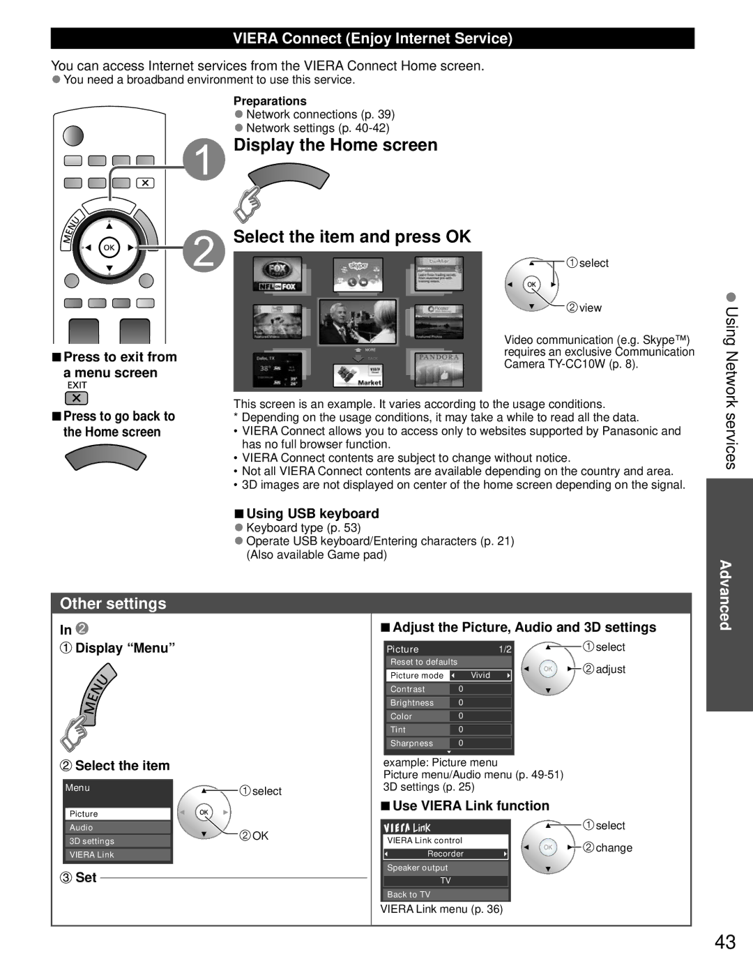 Panasonic TC-P60GT30, TC-P65GT30 Display the Home screen, Select the item and press OK, Services, Other settings 