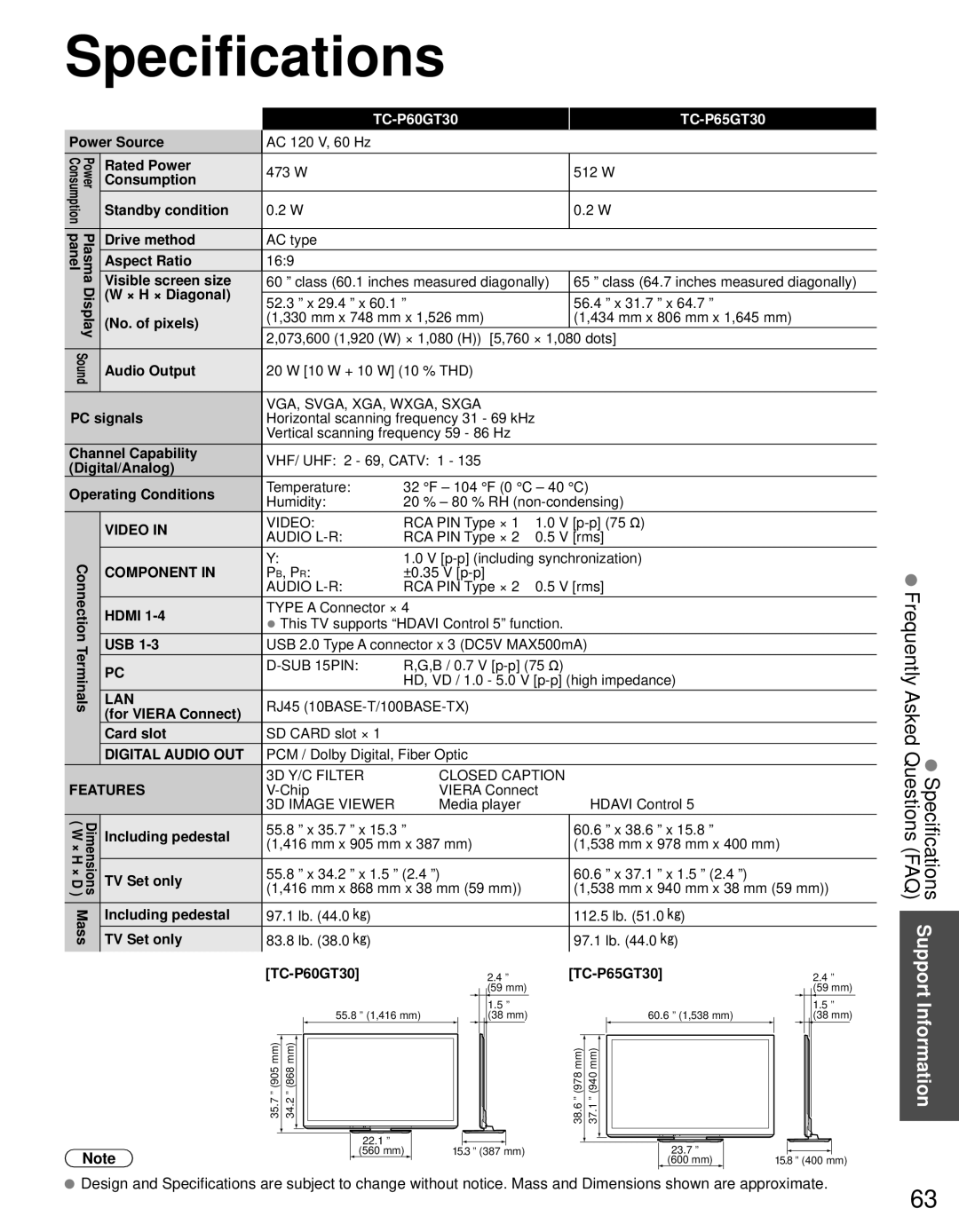 Panasonic TC-P60GT30, TC-P65GT30 owner manual Specifications 