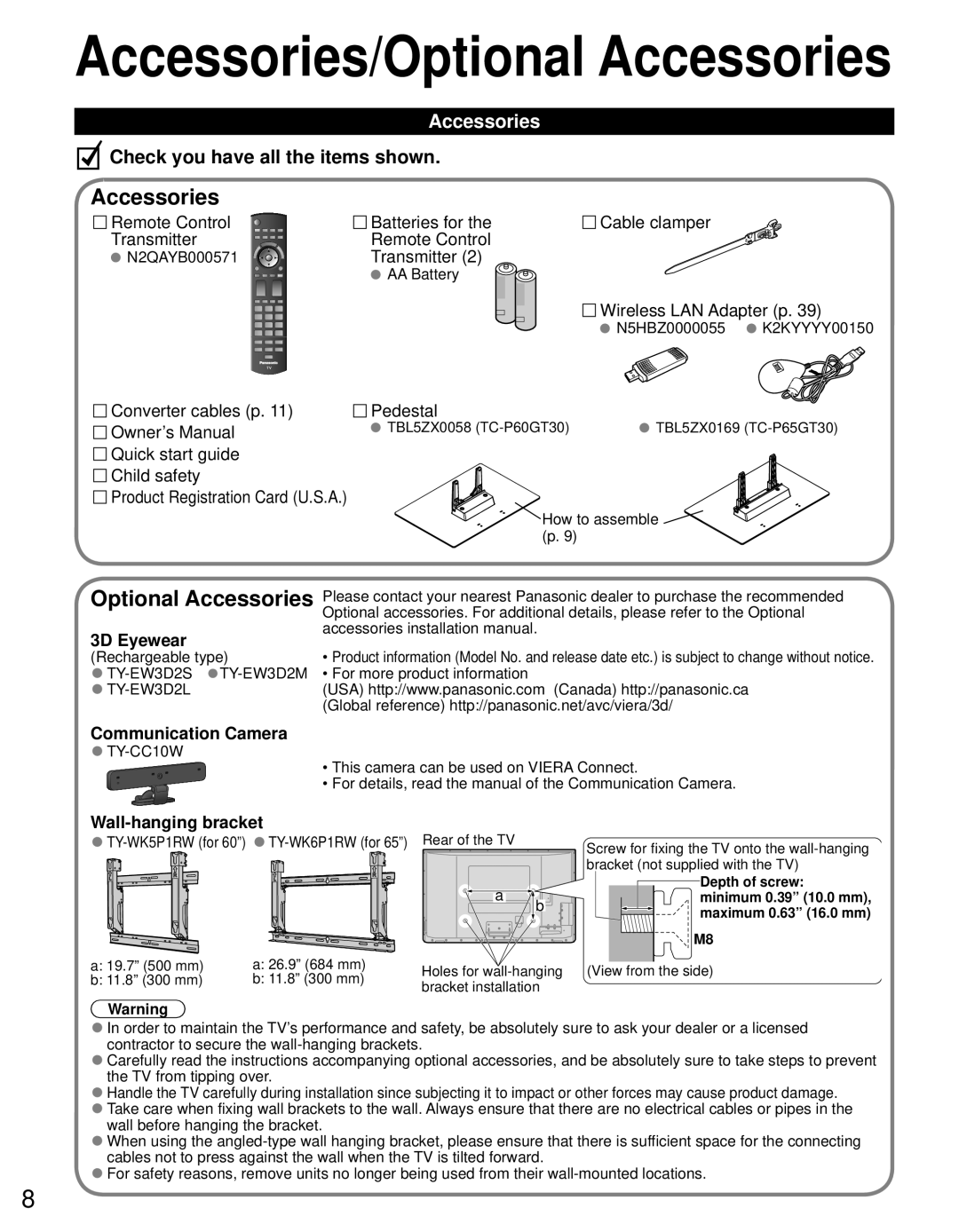 Panasonic TC-P65GT30, TC-P60GT30 owner manual Optional Accessories, 3D Eyewear, Wall-hanging bracket 