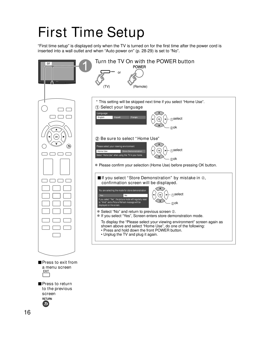 Panasonic TC-P65S1, TC-P58S1 quick start First Time Setup, Turn the TV On with the Power button, Select your language 