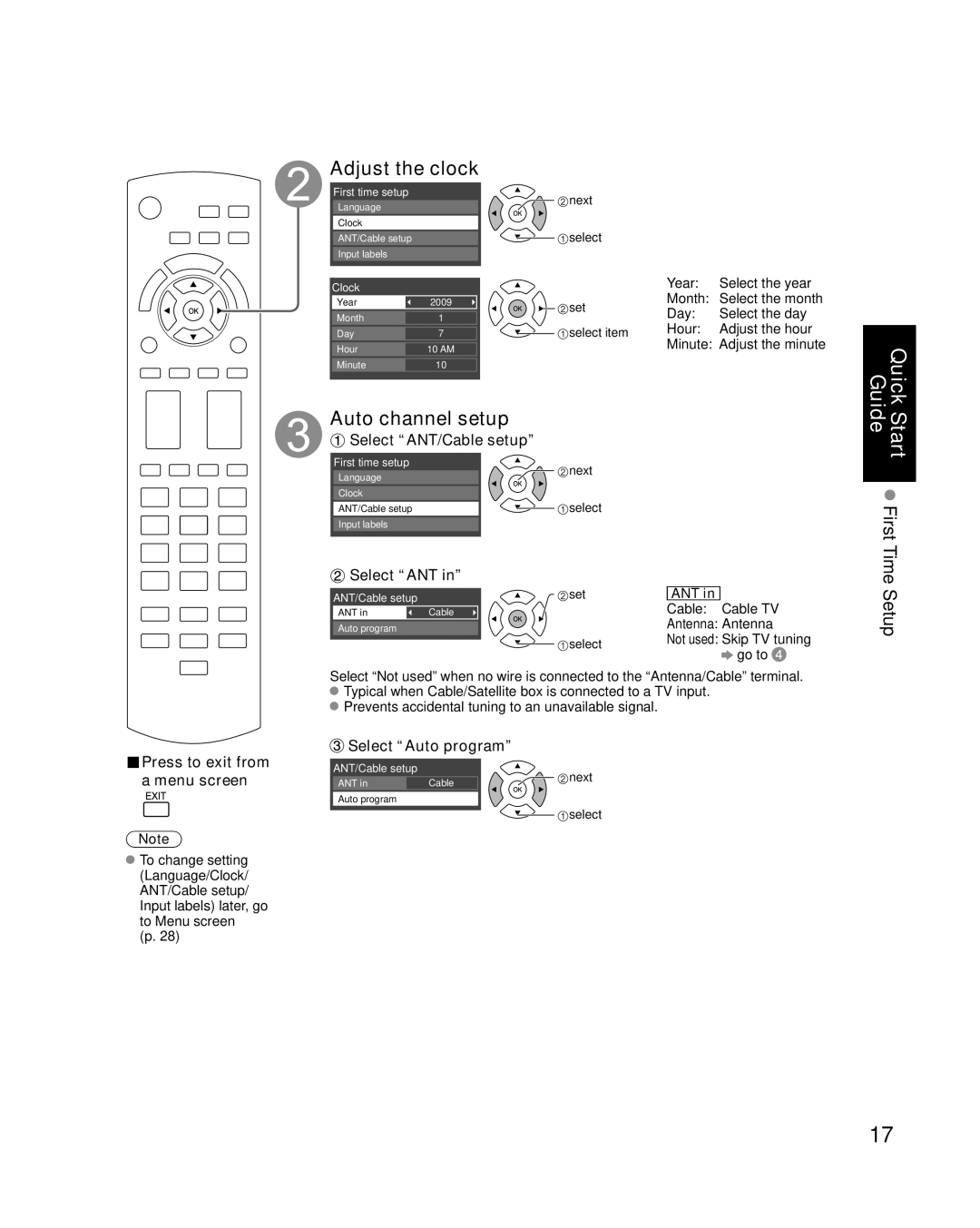 Panasonic TC-P58S1, TC-P65S1 quick start Adjust the clock, Auto channel setup 