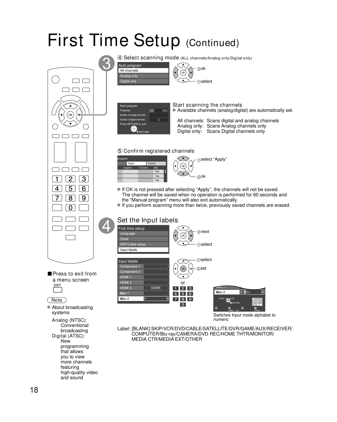 Panasonic TC-P65S1, TC-P58S1 quick start Set the Input labels, Start scanning the channels, Confirm registered channels 