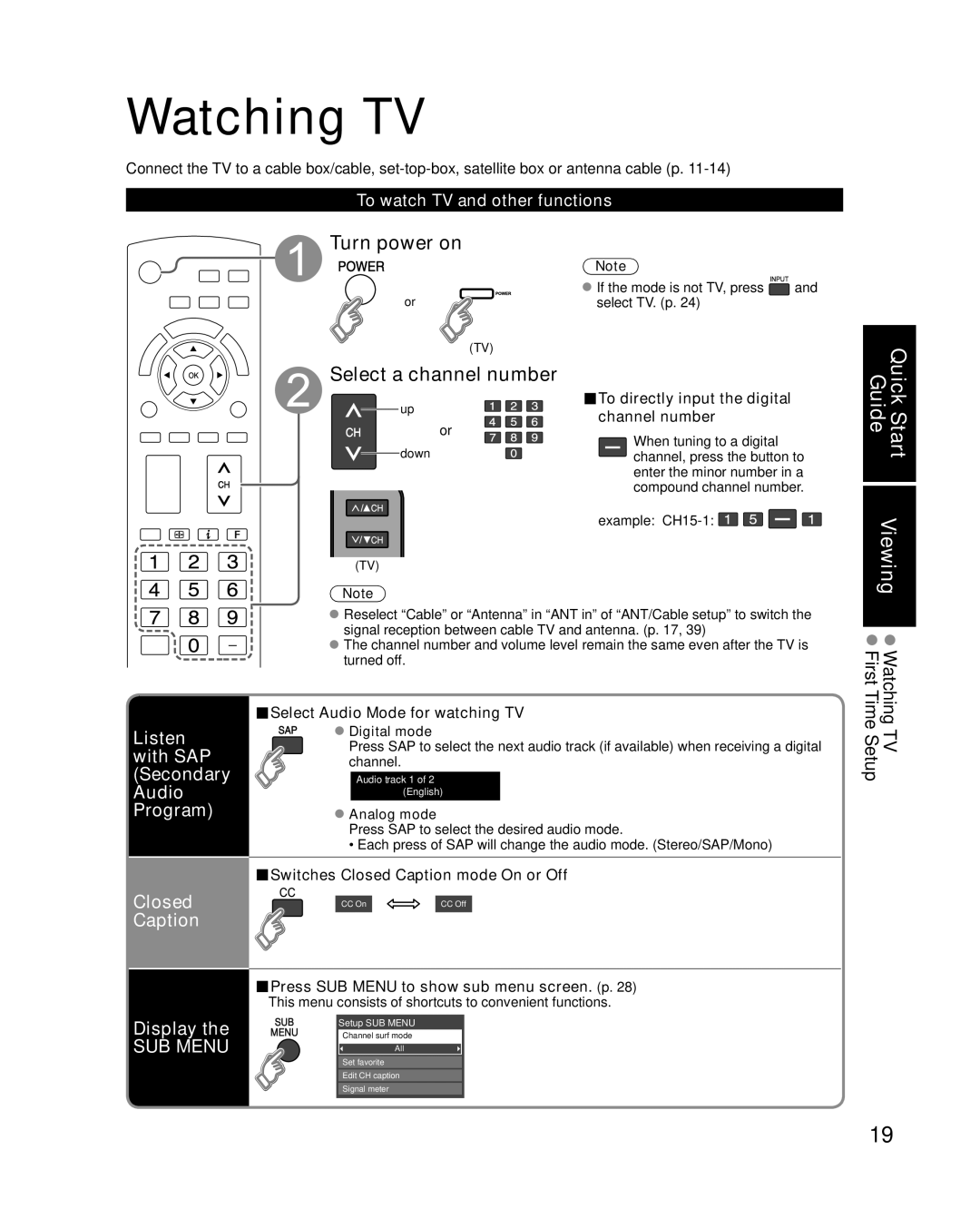 Panasonic TC-P58S1, TC-P65S1 quick start Watching TV, Turn power on Select a channel number, Closed Caption Display 