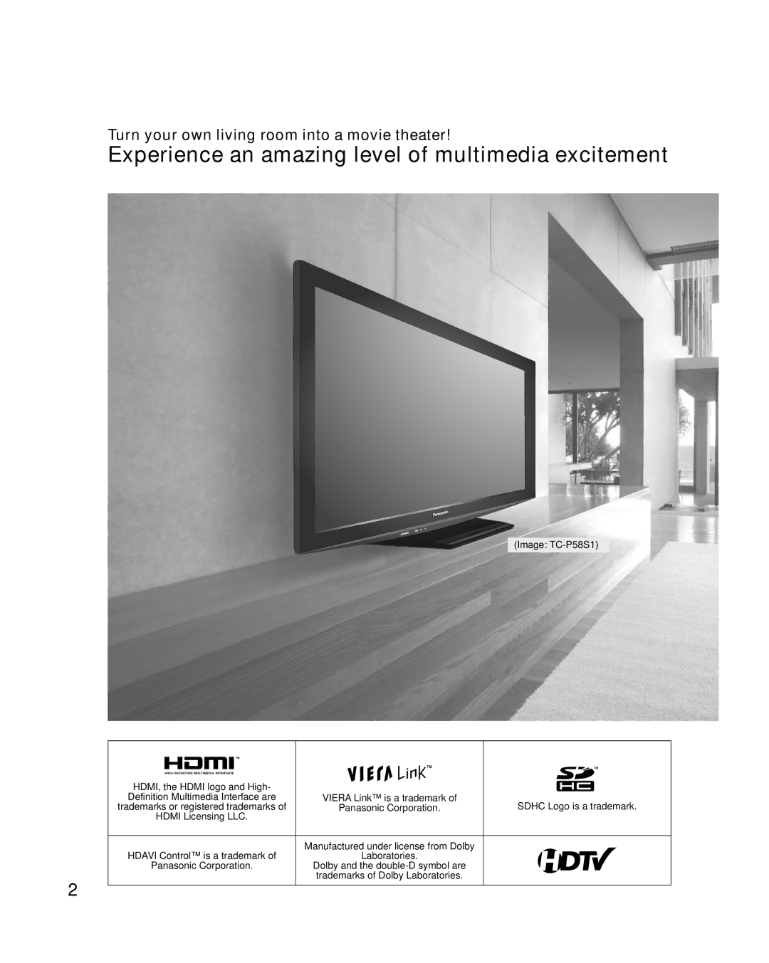 Panasonic TC-P65S1 quick start Turn your own living room into a movie theater, Image TC-P58S1 HDMI, the Hdmi logo and High 