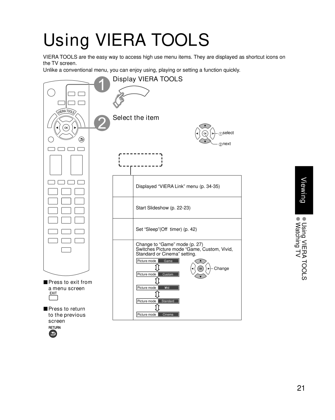 Panasonic TC-P58S1, TC-P65S1 quick start Using Viera Tools, Display Viera Tools Select the item, Select next, Change 