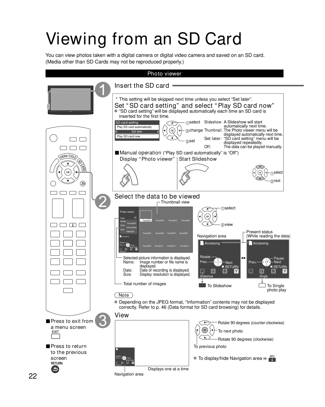 Panasonic TC-P65S1, TC-P58S1 Viewing from an SD Card, Insert the SD card, Set SD card setting and select Play SD card now 