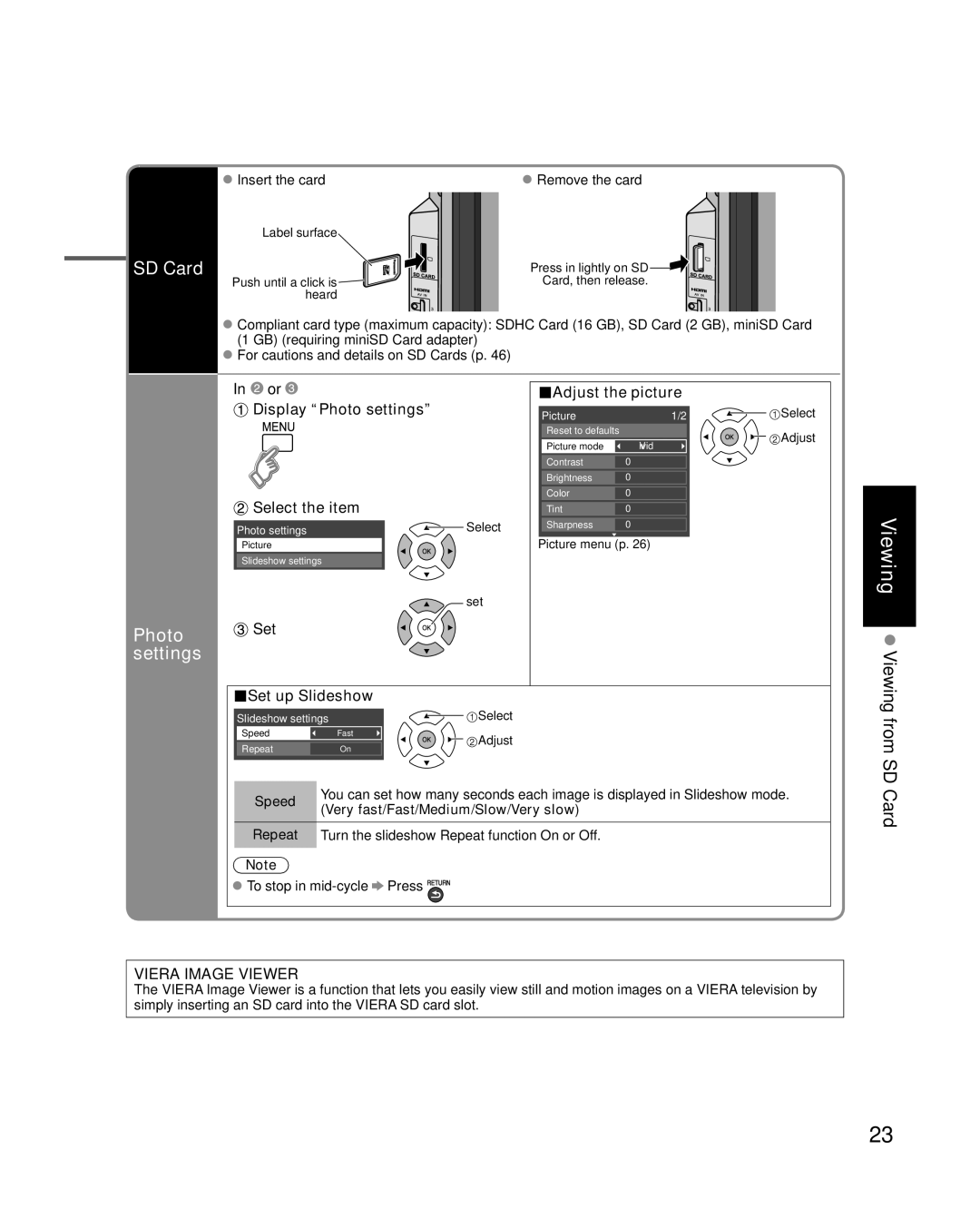 Panasonic TC-P58S1, TC-P65S1 quick start SD Card, Photo, Settings Viewing, From 