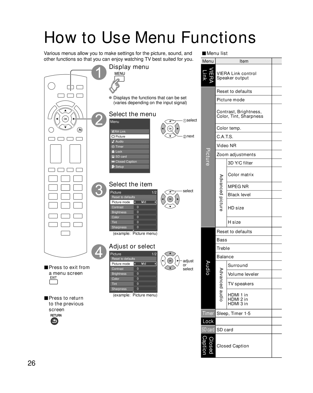 Panasonic TC-P65S1, TC-P58S1 quick start How to Use Menu Functions, Display menu, Select the menu, Adjust or select 