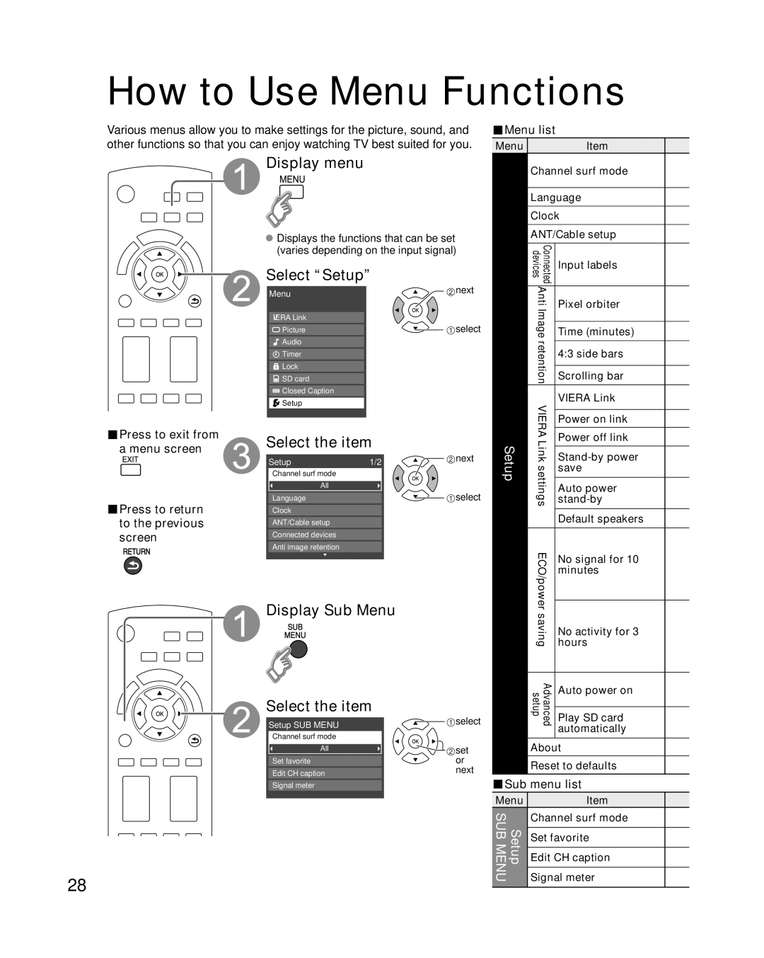 Panasonic TC-P65S1, TC-P58S1 quick start Display Sub Menu, Sub Menu list 