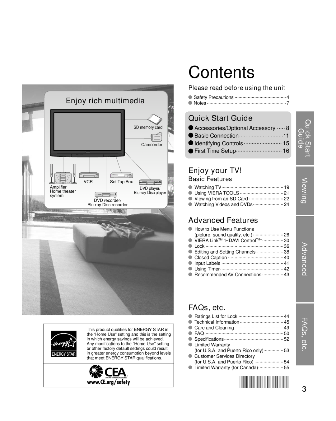 Panasonic TC-P58S1, TC-P65S1 quick start Contents 