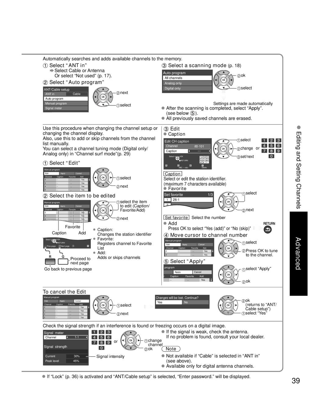 Panasonic TC-P58S1 Select a scanning mode p, Select Edit, Select the item to be edited, Move cursor to channel number 