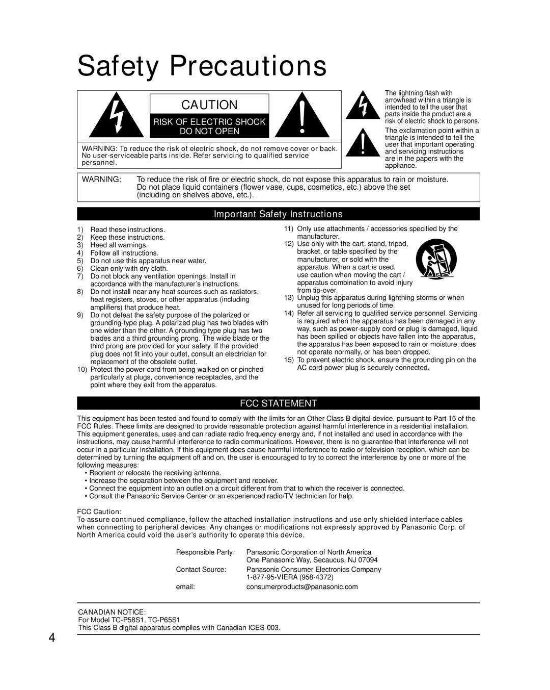 Panasonic TC-P65S1, TC-P58S1 quick start Safety Precautions, Important Safety Instructions 