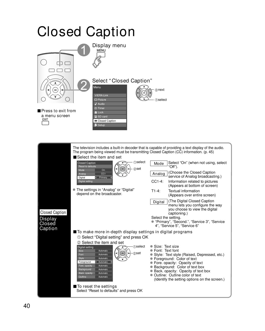 Panasonic TC-P65S1, TC-P58S1 quick start Display menu Select Closed Caption, Display Closed Caption 