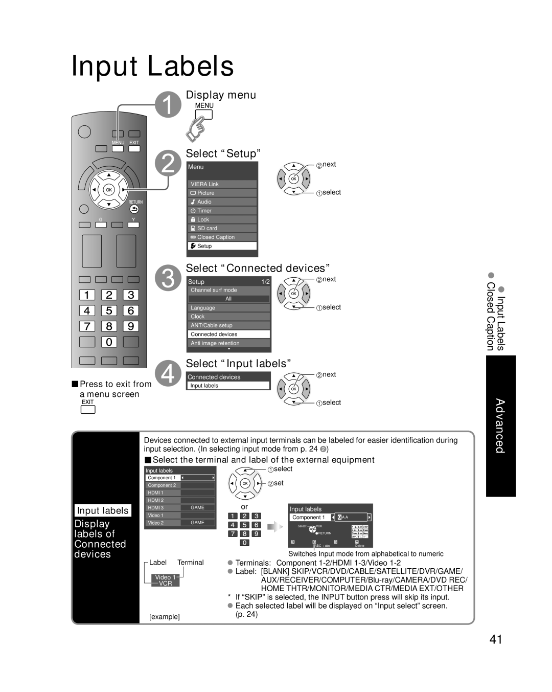 Panasonic TC-P58S1 Input Labels, Select Connected devices, Select Input labels, Devices, Display labels of Connected 