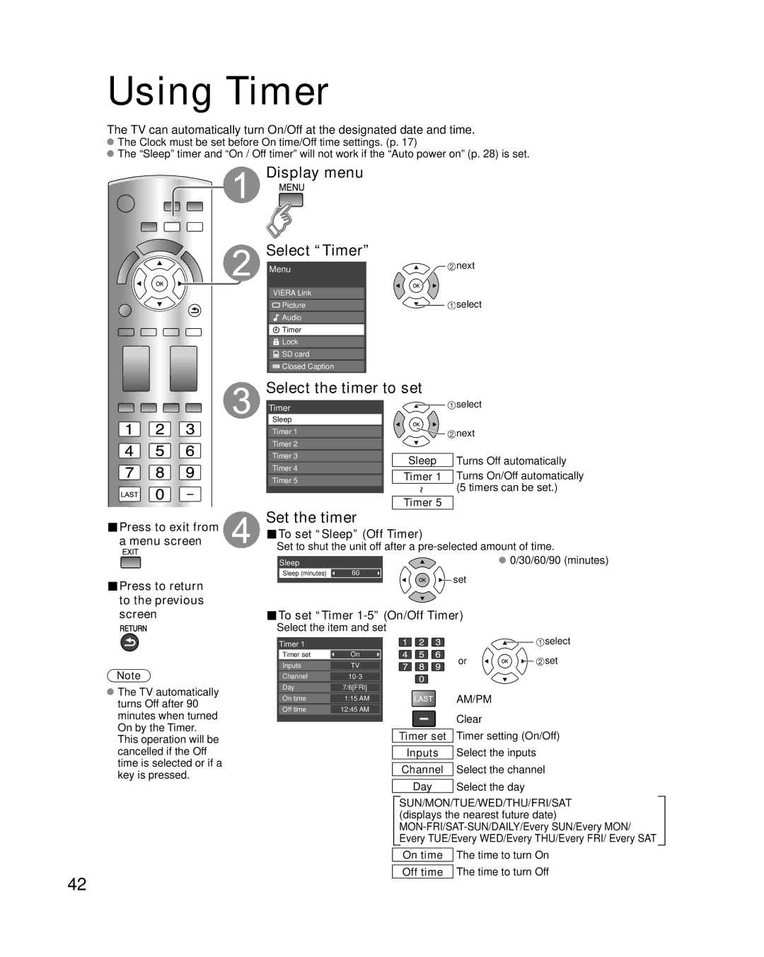 Panasonic TC-P65S1, TC-P58S1 quick start Using Timer, Display menu Select Timer, Select the timer to set, Set the timer 