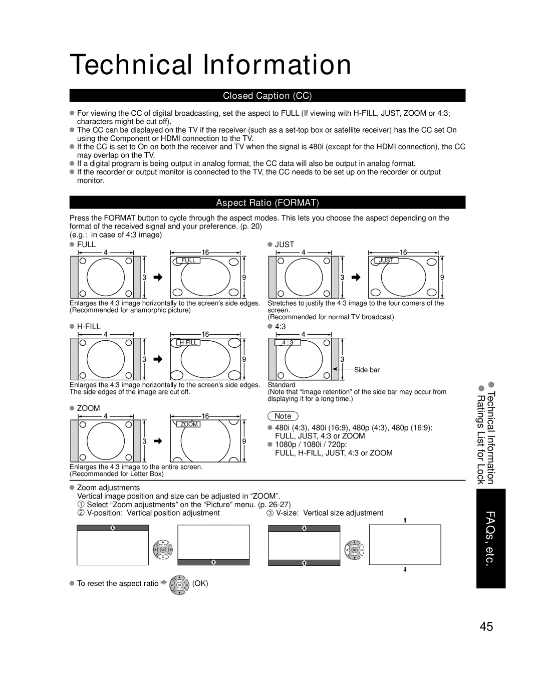 Panasonic TC-P58S1, TC-P65S1 quick start Technical Information, Closed Caption CC, Aspect Ratio Format 