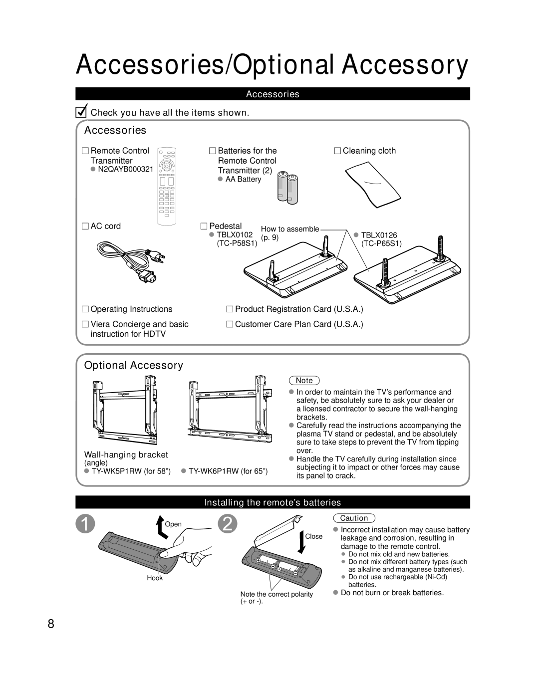 Panasonic TC-P65S1, TC-P58S1 quick start Accessories/Optional Accessory, Installing the remote’s batteries 