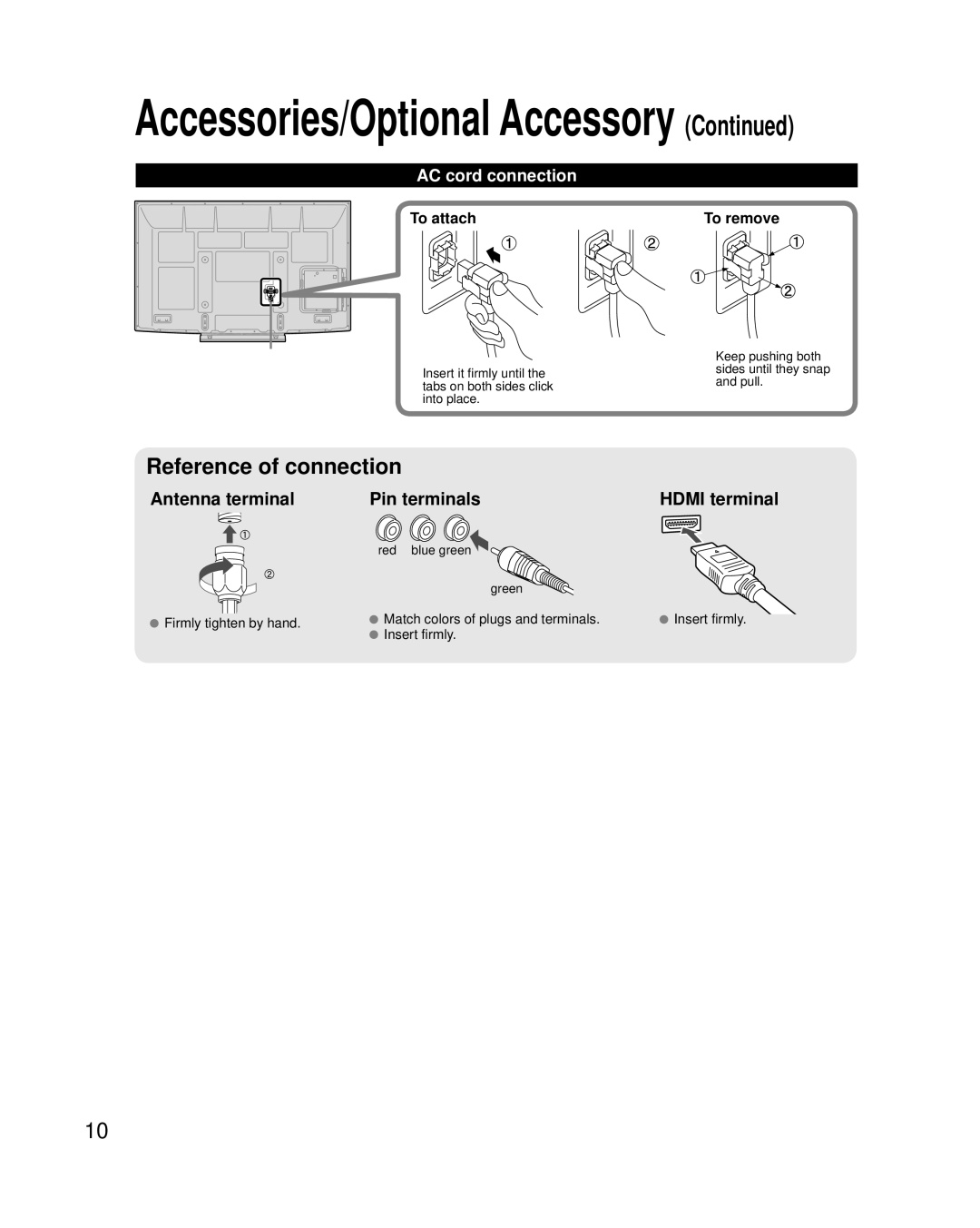 Panasonic TC-P65S2, TC-P58S2 quick start AC cord connection, To attach To remove, Red blue green Green 