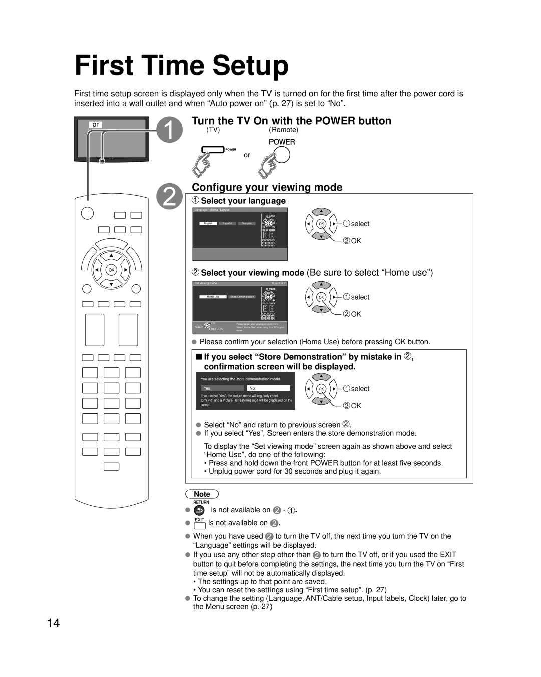 Panasonic TC-P65S2, TC-P58S2 quick start First Time Setup, Turn the TV On with the Power button, Configure your viewing mode 