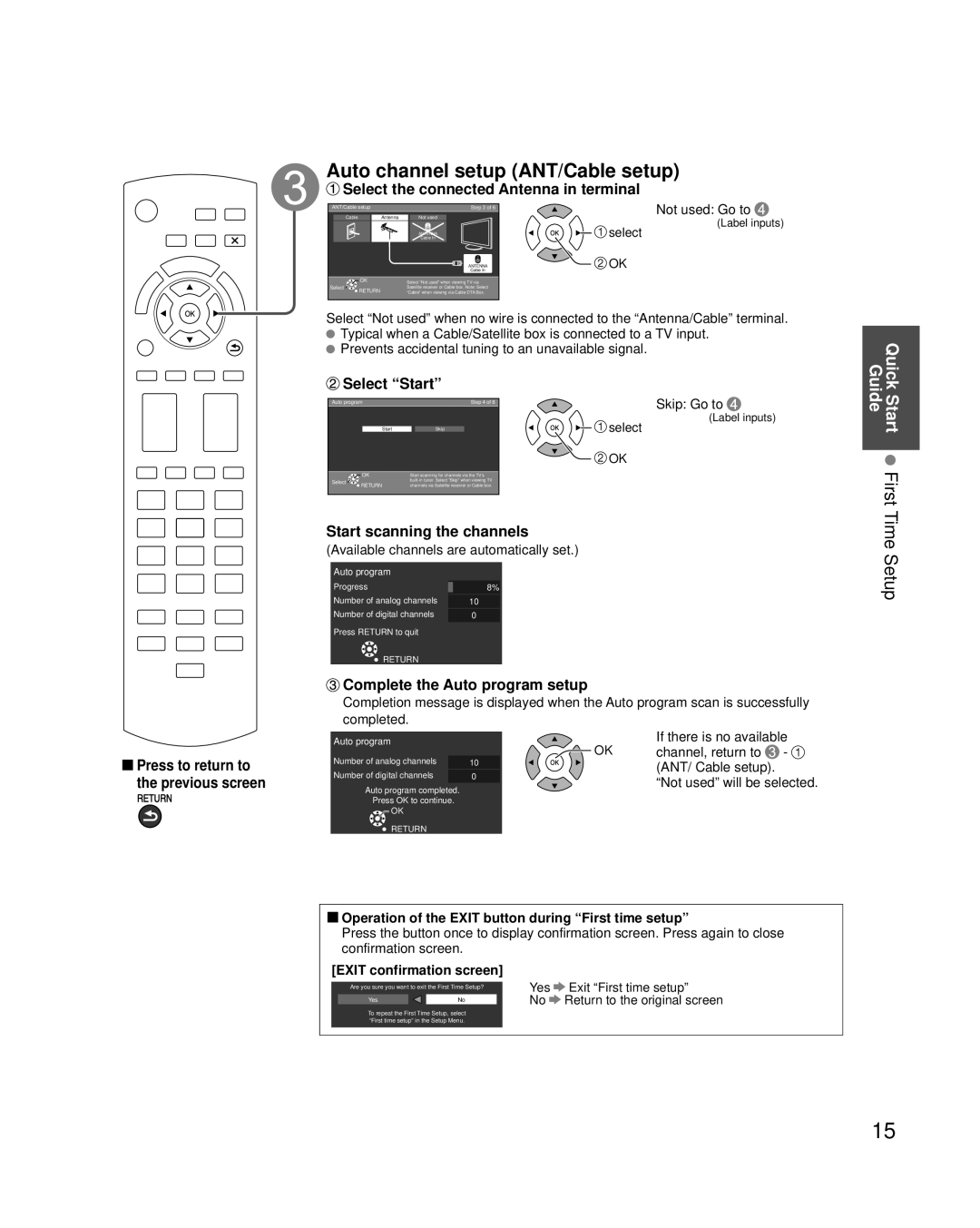 Panasonic TC-P58S2, TC-P65S2 quick start Auto channel setup ANT/Cable setup, Start First 