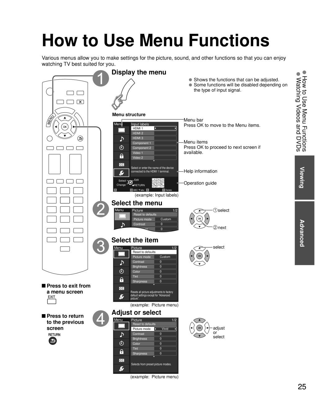 Panasonic TC-P58S2, TC-P65S2 How to Use Menu Functions, Display the menu, Advanced, Menu structure, Example Picture menu 