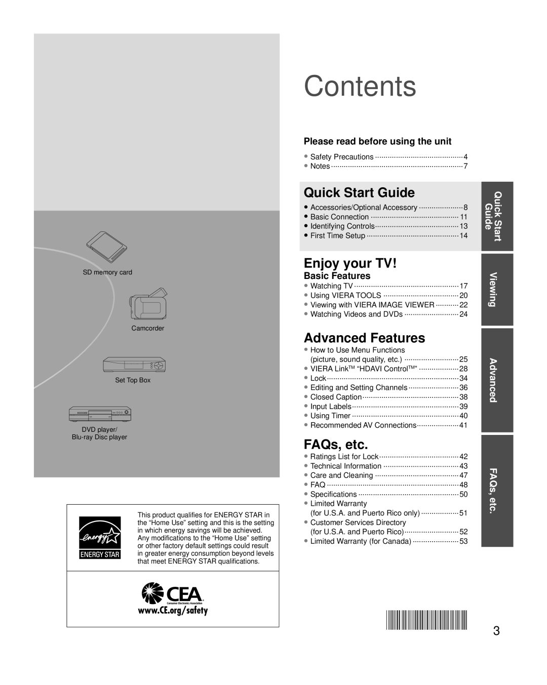 Panasonic TC-P58S2, TC-P65S2 quick start Contents 