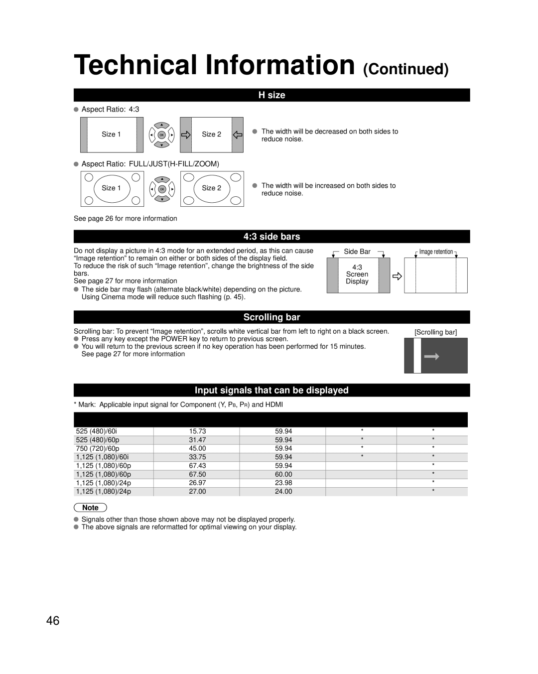 Panasonic TC-P65S2, TC-P58S2 quick start Size, Side bars, Scrolling bar, Input signals that can be displayed 