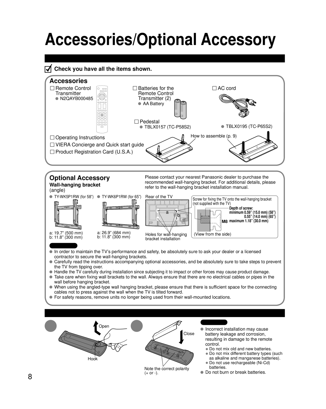 Panasonic TC-P65S2, TC-P58S2 quick start Accessories/Optional Accessory, Installing the remote’s batteries 