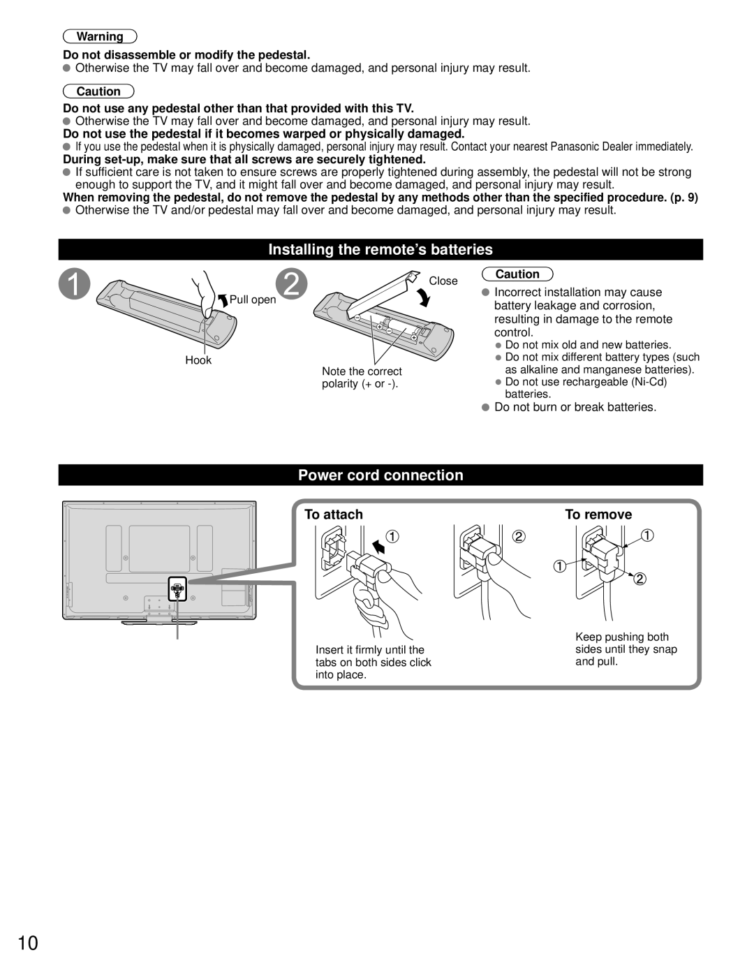 Panasonic TC-P65ST30, TC-P60ST30 owner manual Installing the remote’s batteries, Power cord connection, To attach To remove 