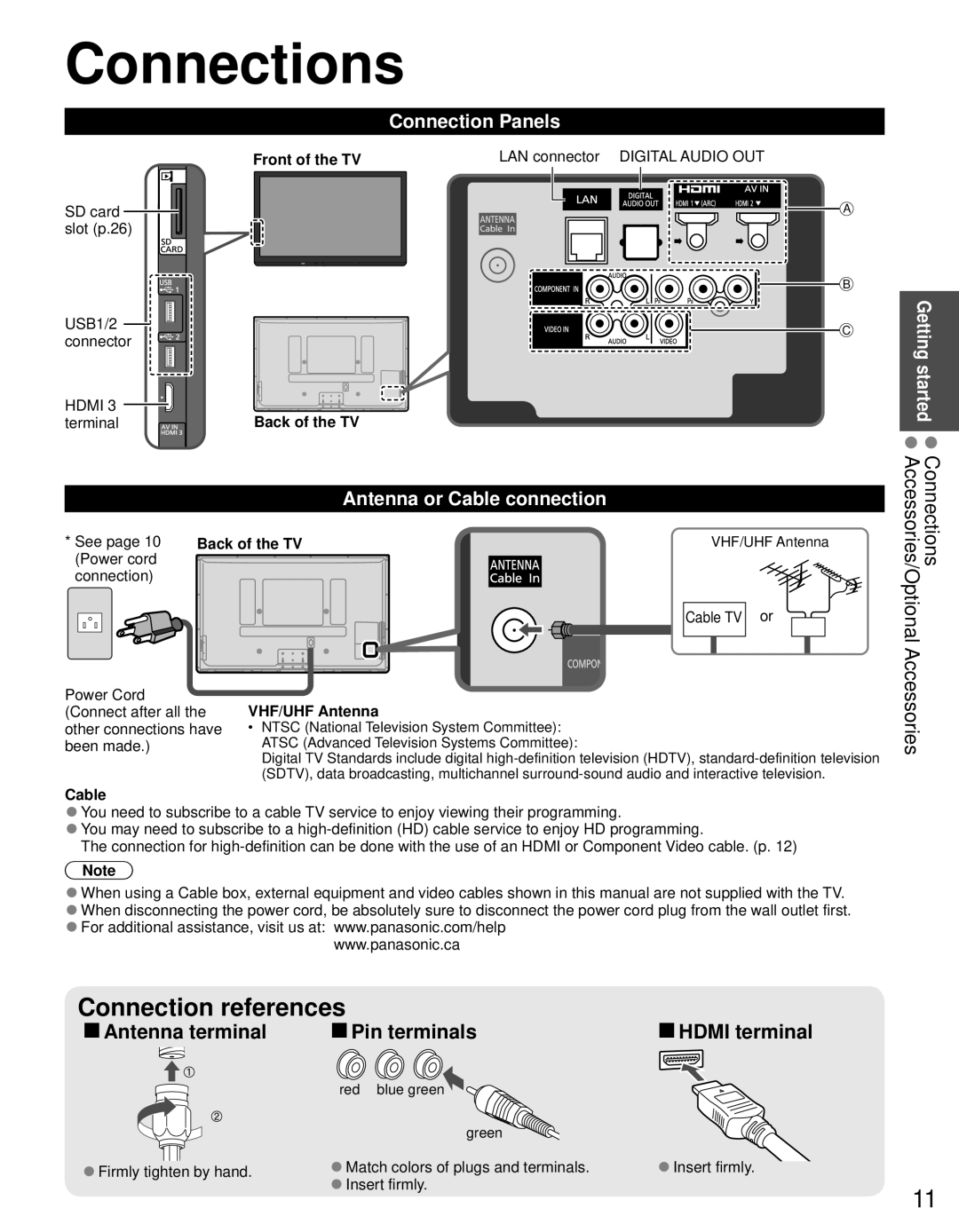 Panasonic TC-P60ST30, TC-P65ST30 owner manual Connections, Accessories, Connection Panels, Antenna or Cable connection 