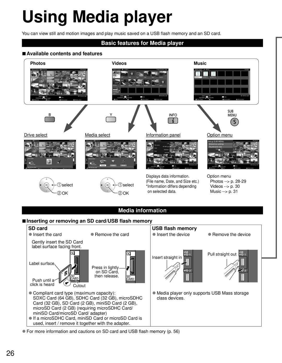 Panasonic TC-P65ST30, TC-P60ST30 owner manual Using Media player, Basic features for Media player, Media information 