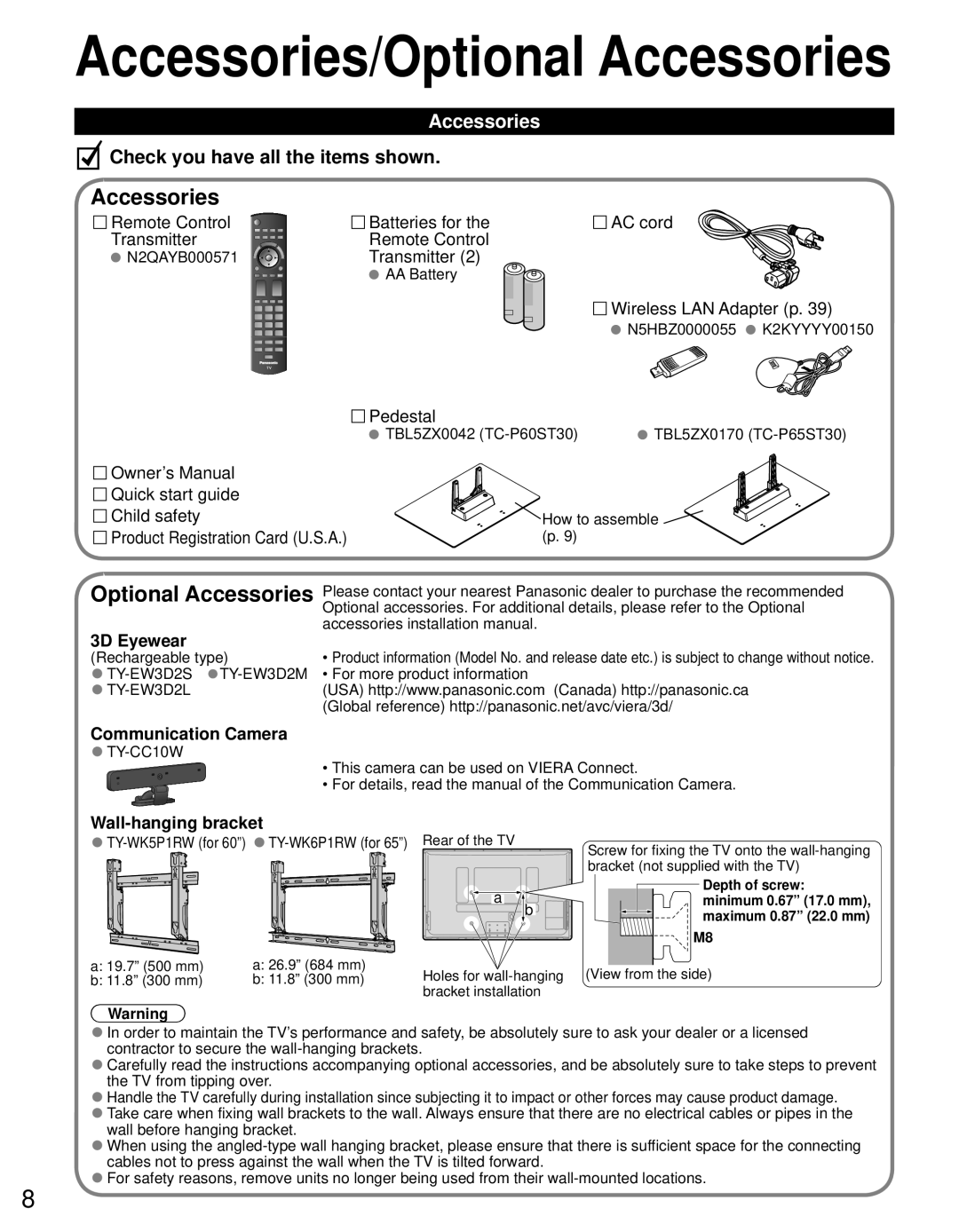 Panasonic TC-P65ST30, TC-P60ST30 owner manual Accessories, 3D Eyewear, Communication Camera, Wall-hanging bracket 