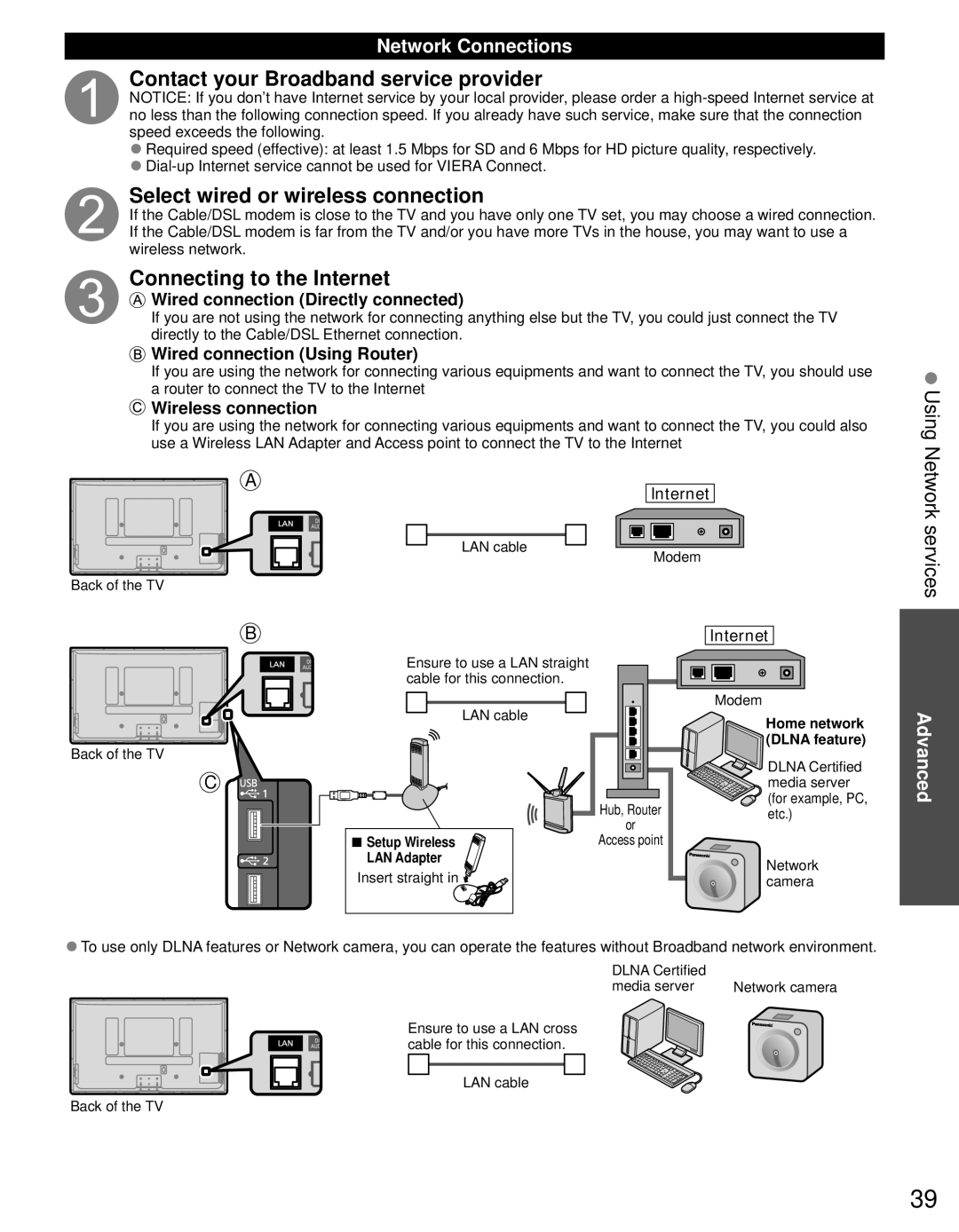 Panasonic TC-P60ST30 Contact your Broadband service provider, Select wired or wireless connection, Using Network services 