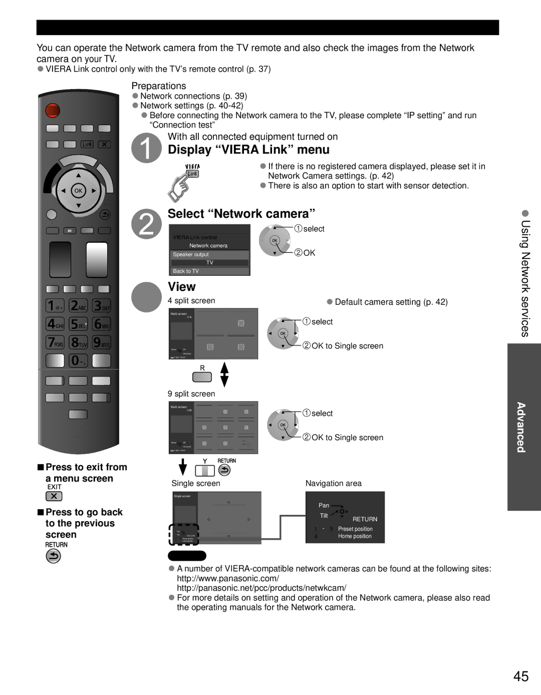 Panasonic TC-P60ST30, TC-P65ST30 Display Viera Link menu, Select Network camera, Network Camera, Default camera setting p 