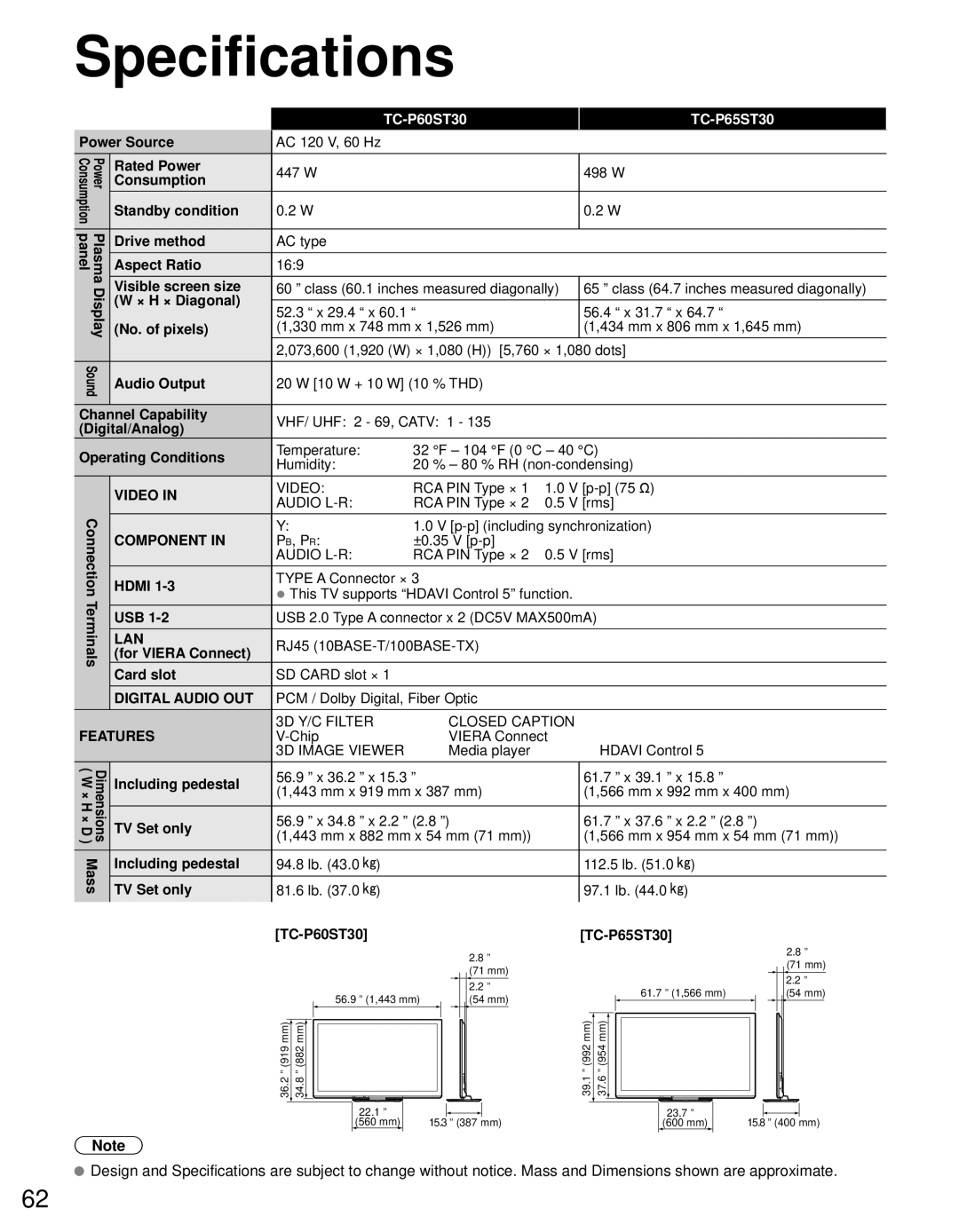 Panasonic TC-P65ST30, TC-P60ST30 owner manual Specifications 