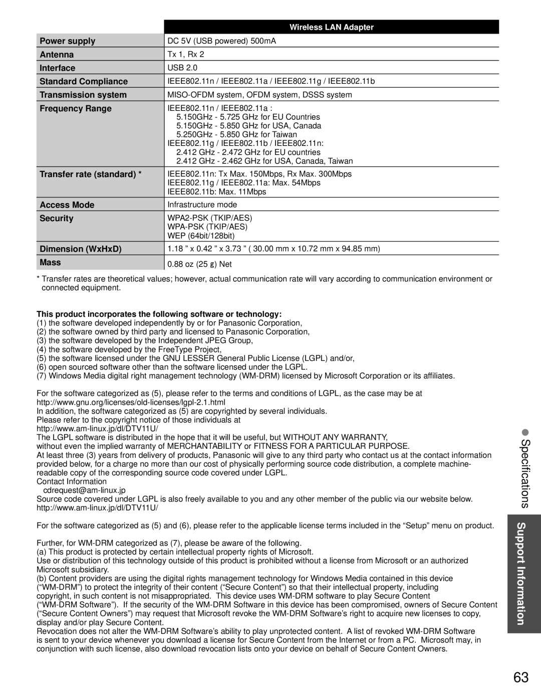 Panasonic TC-P60ST30, TC-P65ST30 owner manual Specifications Support Information 