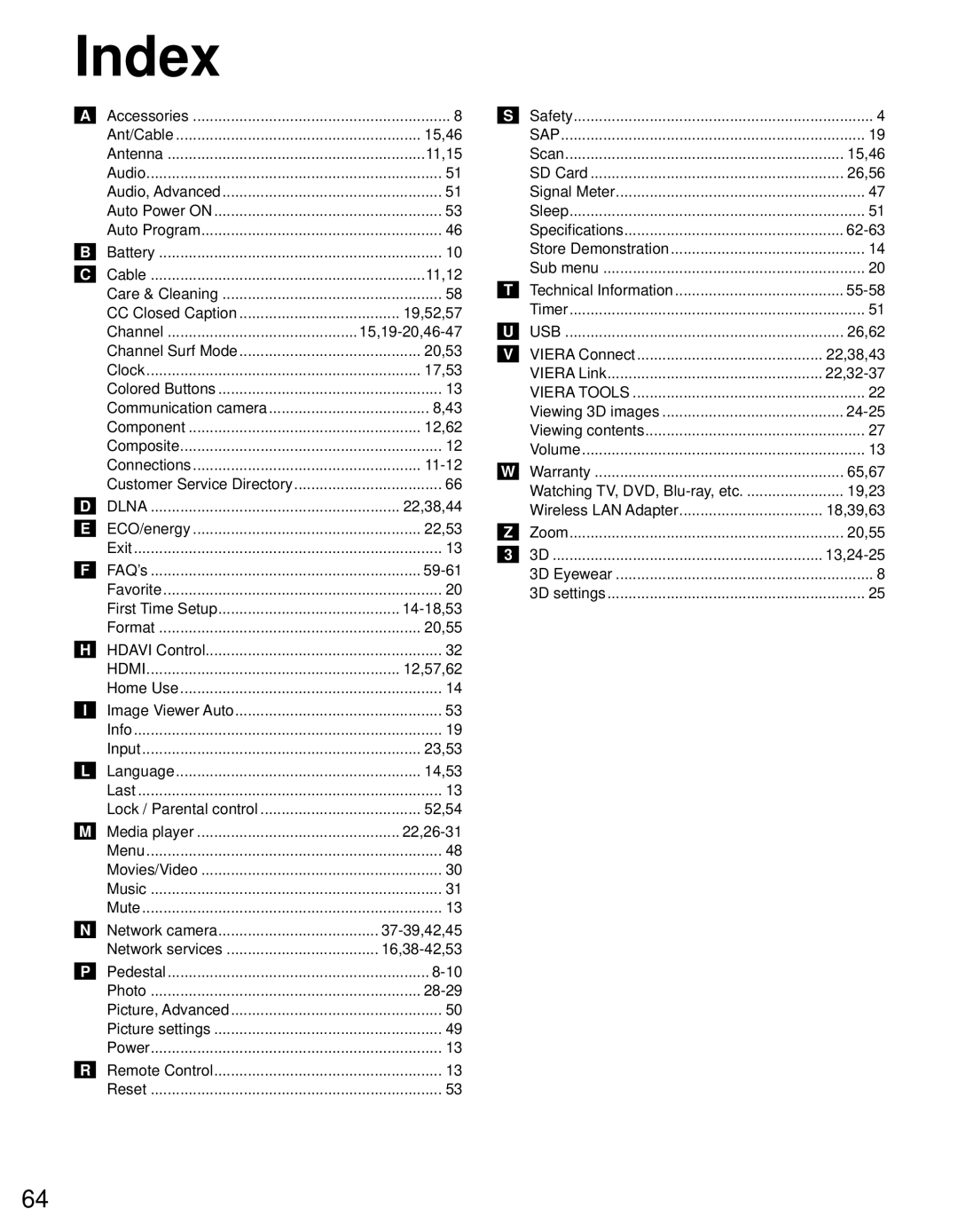 Panasonic TC-P65ST30, TC-P60ST30 owner manual Index 