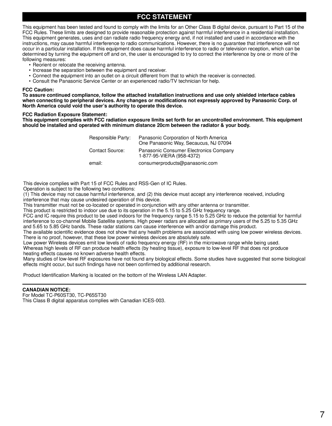 Panasonic TC-P60ST30, TC-P65ST30 owner manual FCC Statement 