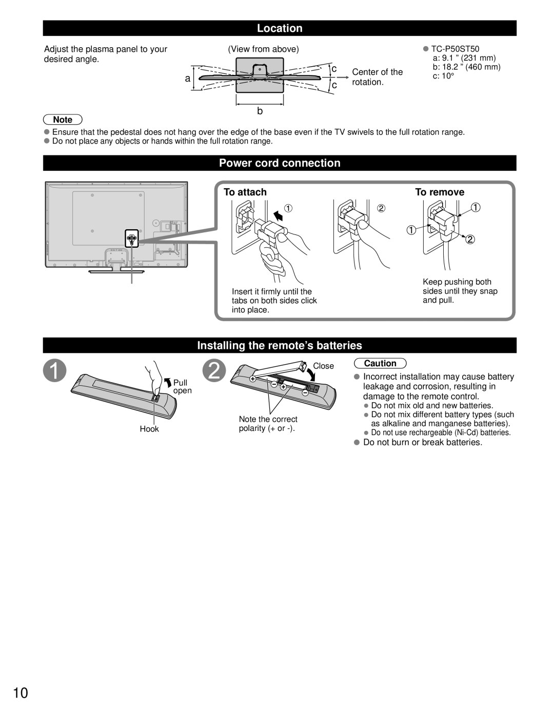 Panasonic TC-P60ST50, TC-P65ST50 Location, Power cord connection, Installing the remote’s batteries, To attach To remove 