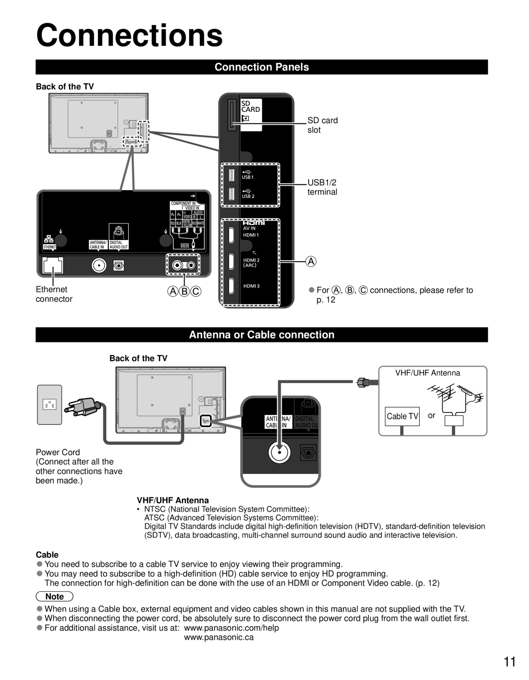 Panasonic TC-P50ST50, TC-P65ST50, TC-P55ST50, TC-P60ST50 Connections, Connection Panels, Antenna or Cable connection 