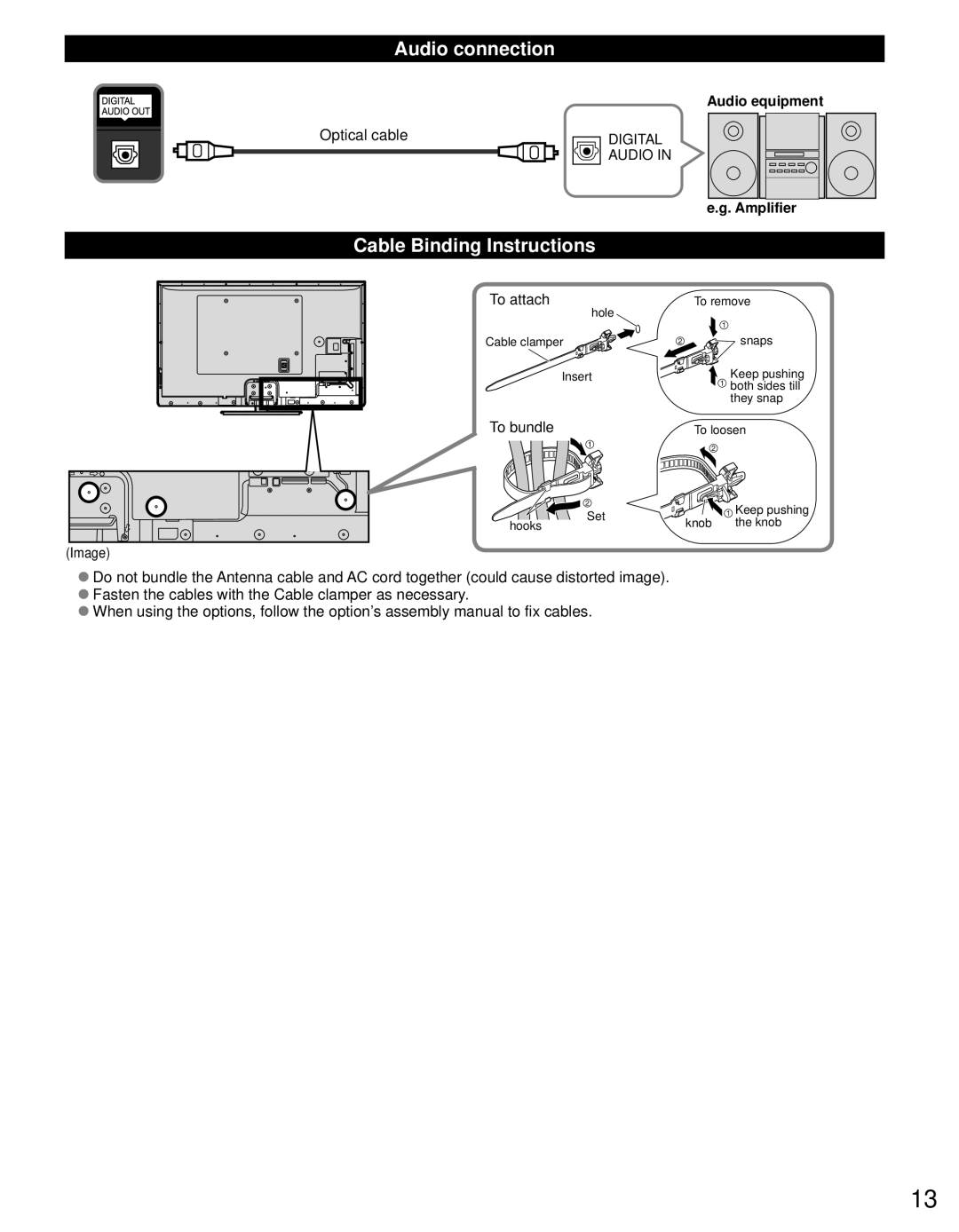 Panasonic TC-P55ST50, TC-P65ST50, TC-P60ST50, TC-P50ST50 owner manual Audio connection, Cable Binding Instructions 