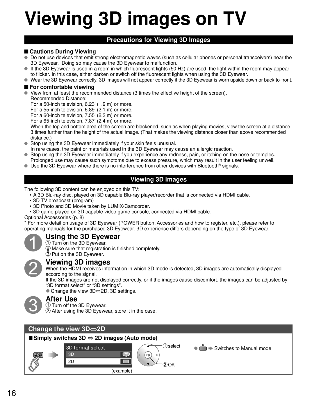 Panasonic TC-P65ST50, TC-P55ST50 Viewing 3D images on TV, Precautions for Viewing 3D Images, For comfortable viewing 