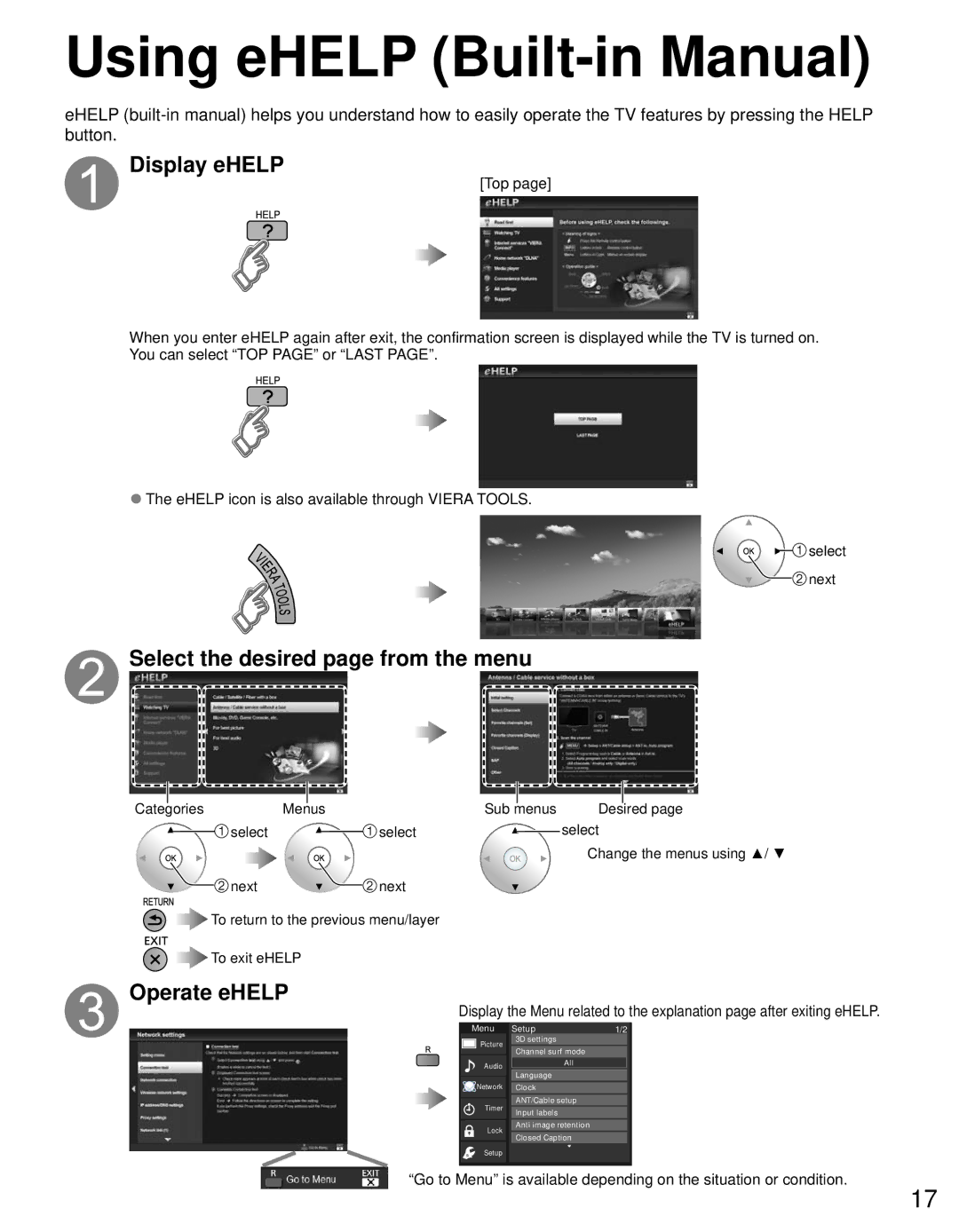 Panasonic TC-P55ST50, TC-P65ST50, TC-P60ST50, TC-P50ST50 owner manual Using eHELP Built-in Manual, Display eHELP 