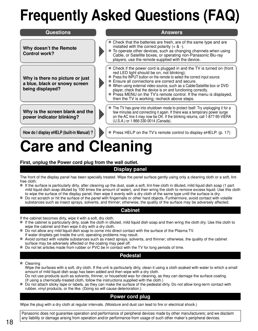 Panasonic TC-P60ST50, TC-P65ST50, TC-P55ST50, TC-P50ST50 owner manual Care and Cleaning 