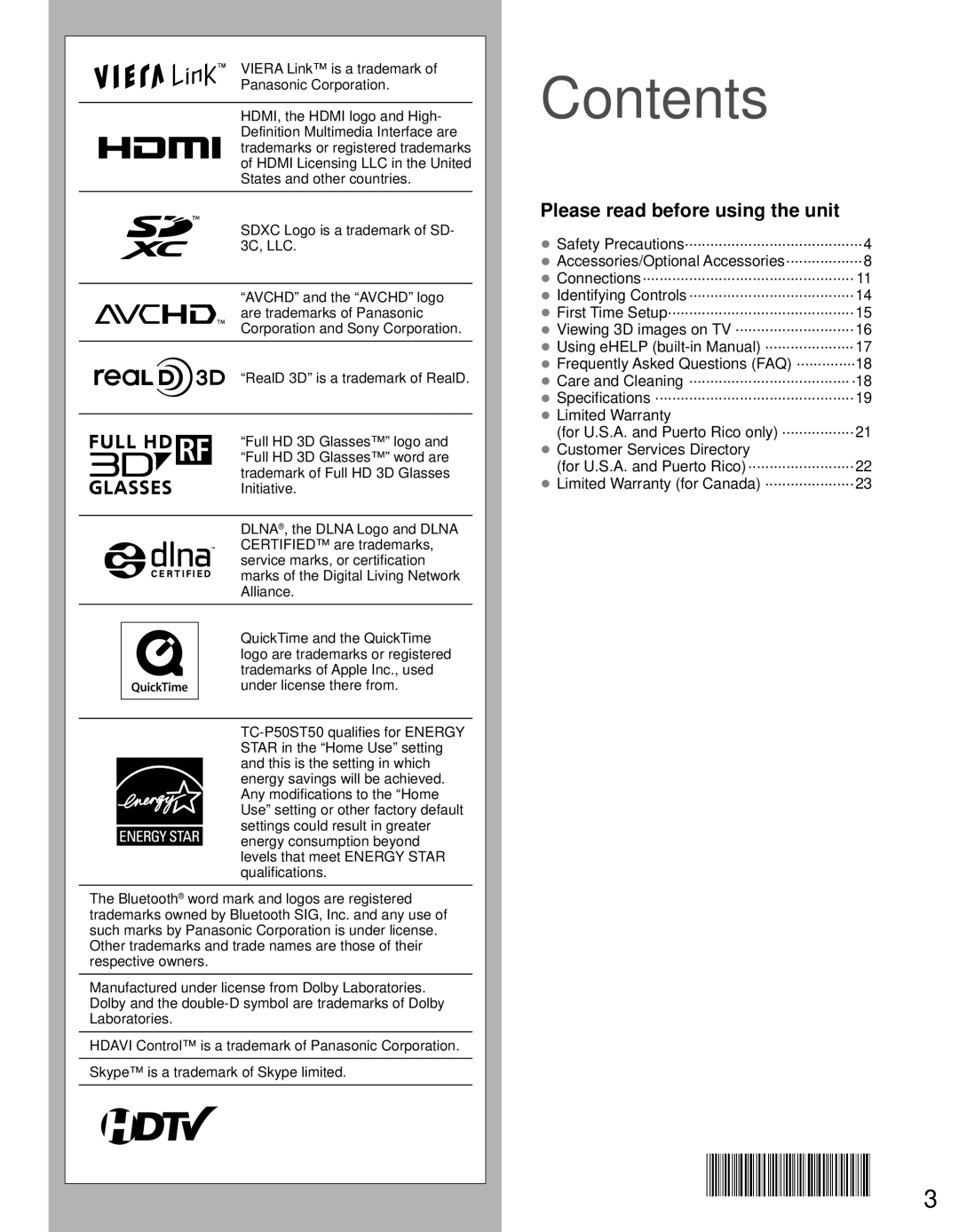 Panasonic TC-P50ST50, TC-P65ST50, TC-P55ST50, TC-P60ST50 owner manual Contents 