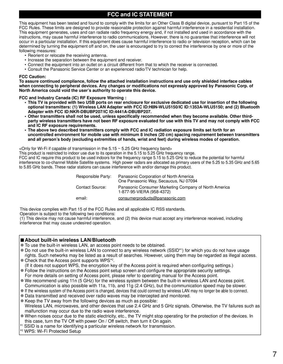 Panasonic TC-P50ST50, TC-P65ST50, TC-P55ST50, TC-P60ST50 FCC and IC Statement, About built-in wireless LAN/Bluetooth 