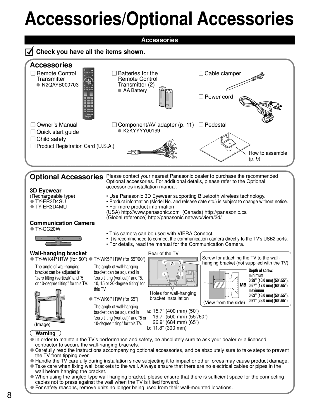 Panasonic TC-P65ST50, TC-P55ST50, TC-P60ST50, TC-P50ST50 owner manual Accessories, Communication Camera, Wall-hanging bracket 